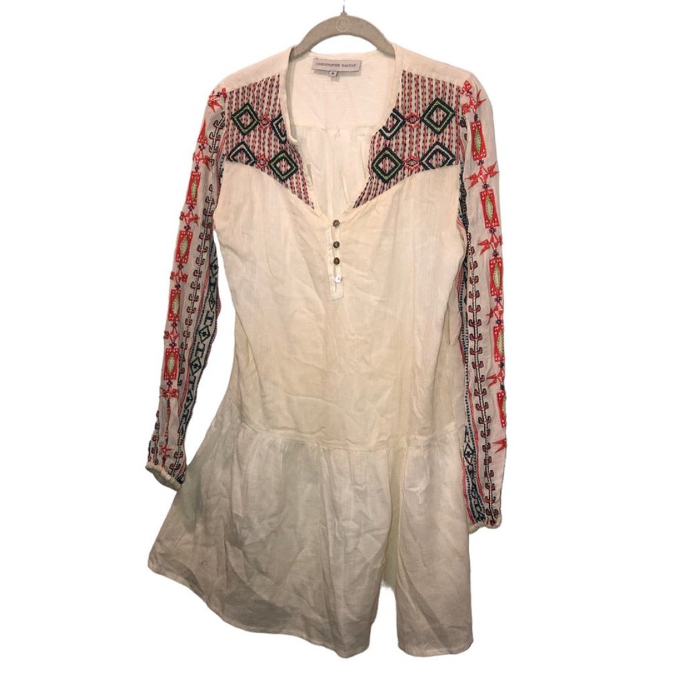 Christophe Sauvat Embroidered Beaded crinkle cotton tunic cover up top /…